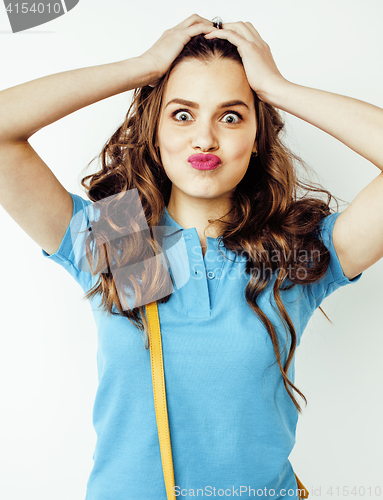 Image of young pretty long hair woman happy smiling isolated on white background,  lifestyle people concept