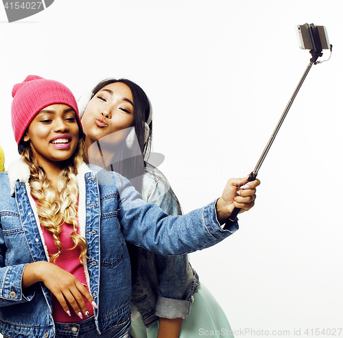 Image of diverse nation girls group, teenage friends company cheerful having fun, happy smiling, cute posing isolated on white background, lifestyle people concept