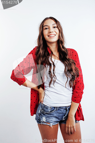 Image of young pretty stylish hipster girl posing emotional isolated on white background happy smiling cool smile, lifestyle people concept