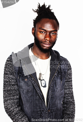 Image of young handsome african american boy smiling emotional isolated on white background, in motion gesturing, lifestyle people concept