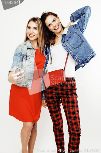 Image of best friends teenage girls together having fun, posing emotional on white background, besties happy smiling, lifestyle people concept