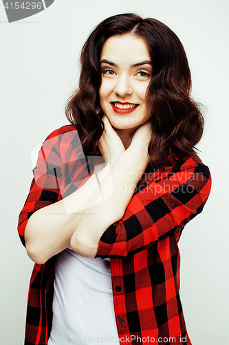 Image of young pretty stylish hipster girl posing emotional isolated on white background happy smiling cool smile, lifestyle people concept
