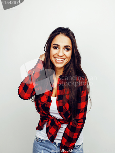 Image of young happy smiling latin american teenage girl emotional posing on white background, lifestyle people concept