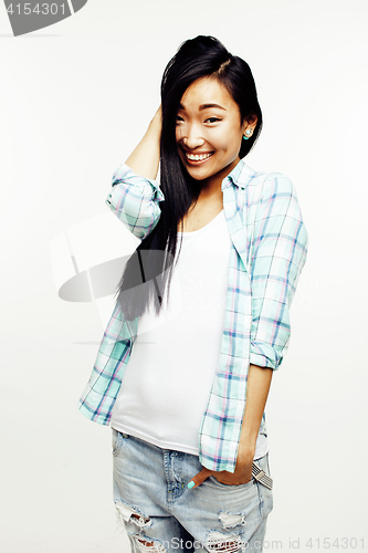 Image of young pretty asian woman posing cheerful emotional isolated on white background, lifestyle people concept
