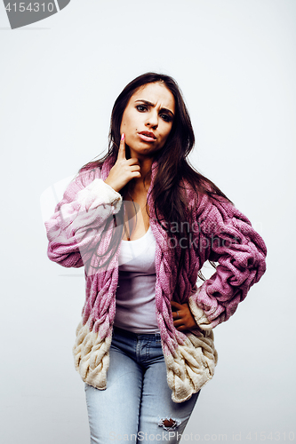 Image of young happy smiling latin american teenage girl emotional posing on white background, lifestyle people concept