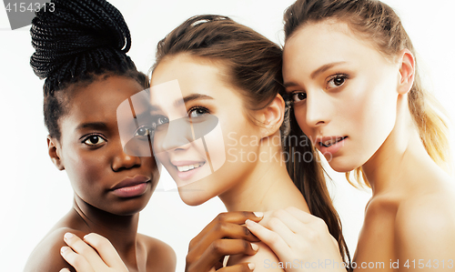 Image of three different nation woman: african-american, caucasian together isolated on white background happy smiling, diverse type on skin, lifestyle people concept