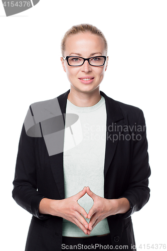 Image of Business woman standing with arms crossed against white background..