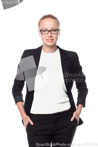 Image of Business woman standing with arms crossed against white background..