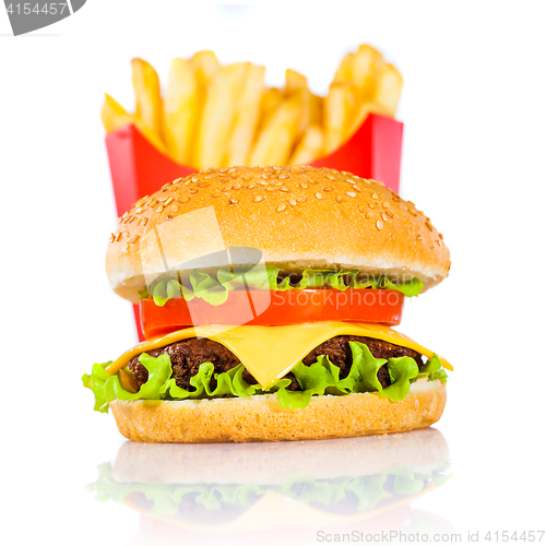 Image of Tasty hamburger and french fries