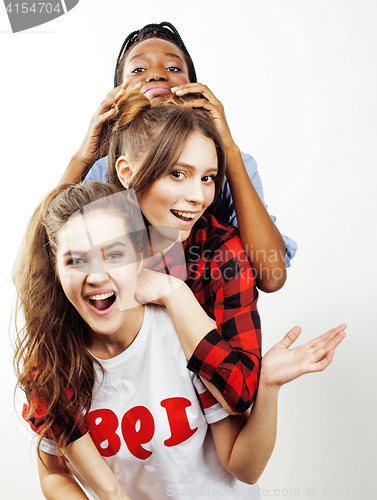 Image of diverse multi nation girls group, teenage friends company cheerful having fun, happy smiling, cute posing isolated on white background, lifestyle people concept, african-american and caucasian