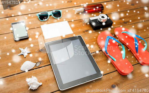 Image of tablet pc and beach stuff