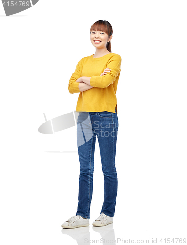 Image of happy asian young woman over white