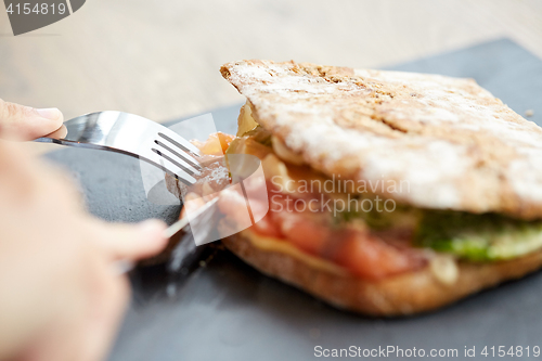 Image of person eating salmon panini sandwich at restaurant