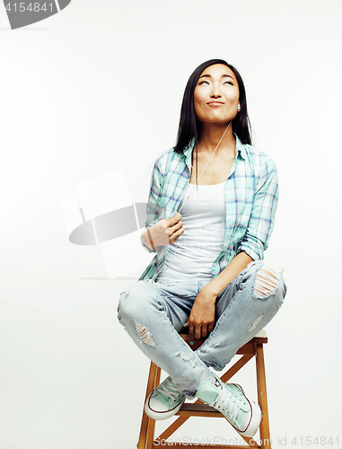 Image of young pretty asian woman posing cheerful emotional isolated on white background, lifestyle people concept