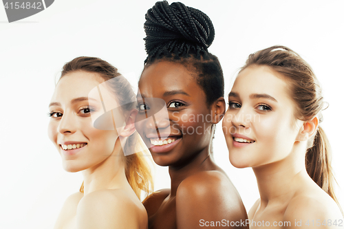 Image of three different nation woman: african-american, caucasian together isolated on white background happy smiling, diverse type on skin, lifestyle people concept