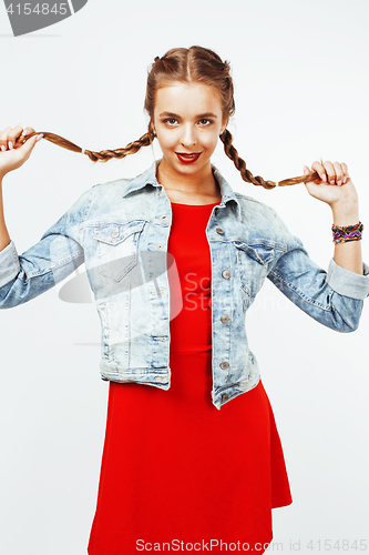 Image of young pretty stylish hipster blond girl with pigtails posing emotional isolated on white background happy smiling cool smile, lifestyle people concept