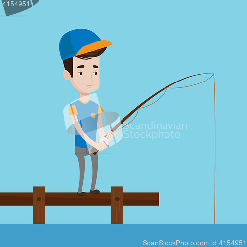 Image of Man fishing on jetty vector illustration.