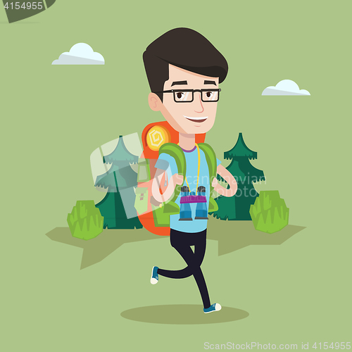 Image of Man with backpack hiking vector illustration.