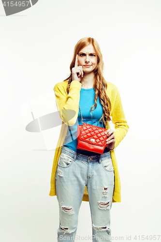 Image of young pretty red hair woman happy smiling isolated on white background, lifestyle people concept