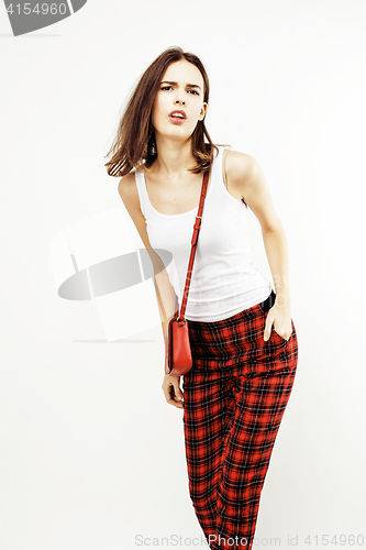 Image of young pretty brunette woman smiling happy on white background, emotional posing wearing hipster glasses, lifestyle people concept