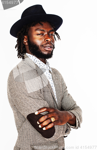 Image of young handsome afro american boy in stylish hipster hat gesturin