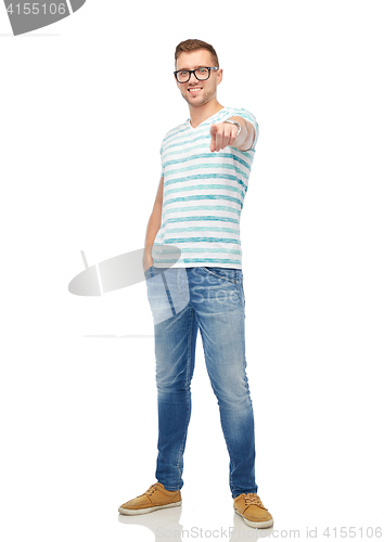 Image of smiling man in eyeglasses pointing finger to you