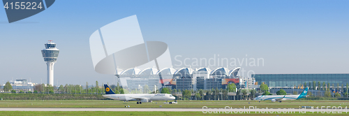 Image of Panoramic view of Munich international airport with taxiing pass