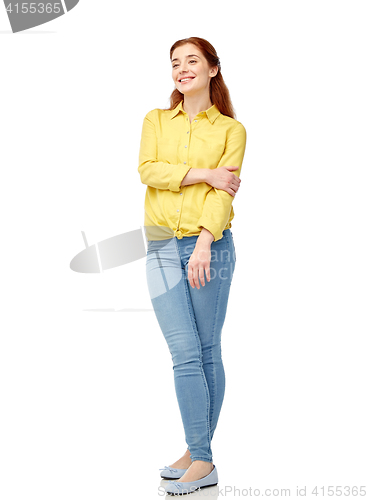 Image of happy young woman over white