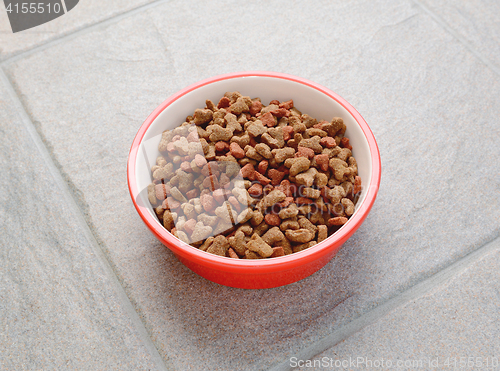 Image of Red bowl of dry cat food on grey tile