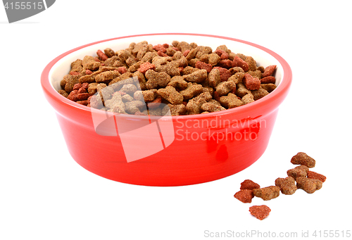 Image of Dry cat food in a red bowl, biscuits spilled beside