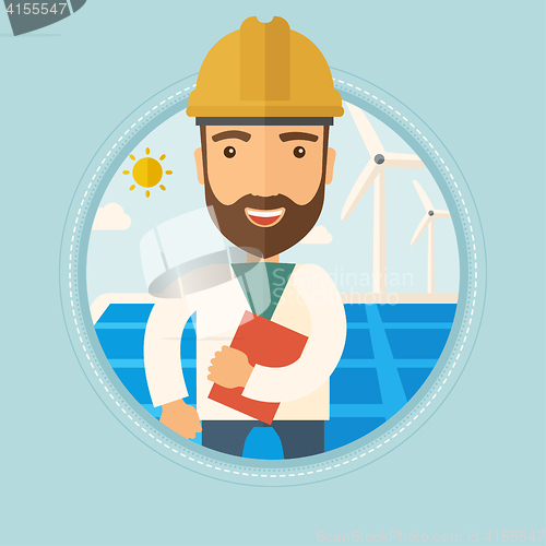 Image of Male worker of solar power plant and wind farm.