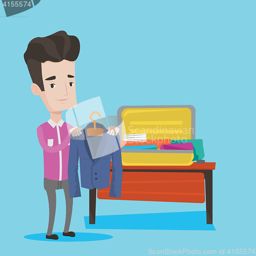 Image of Young man packing his suitcase vector illustration