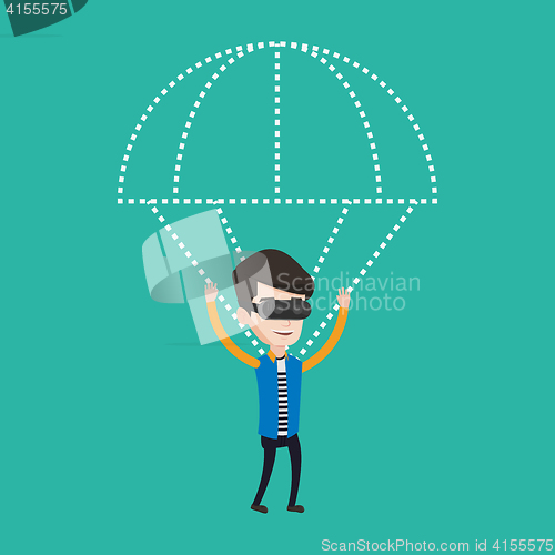 Image of Happy man in vr headset flying with parachute.