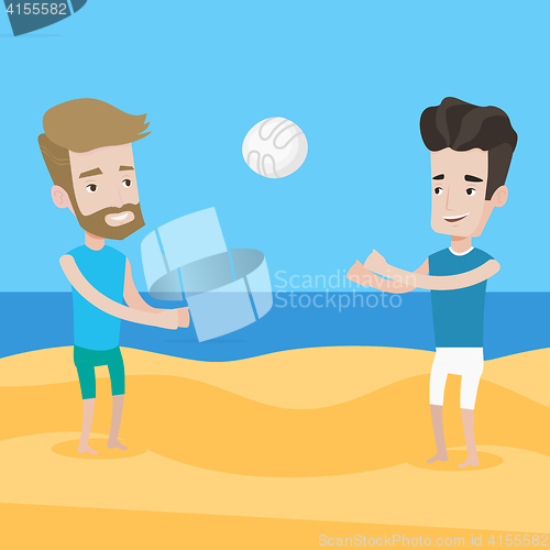 Image of Two men playing beach volleyball.