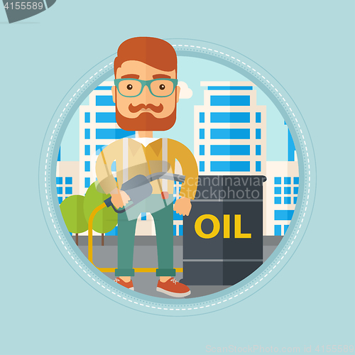 Image of Man with oil barrel and gas pump nozzle.