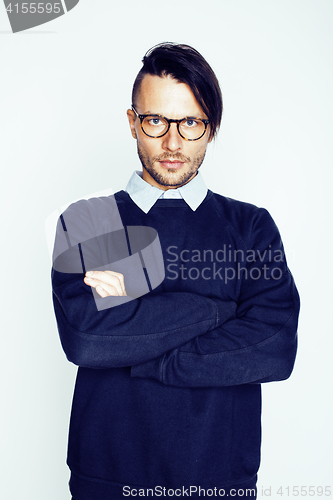 Image of handsome middle age hipster man with modern hairstyle and tattoo, beard, close up on white background