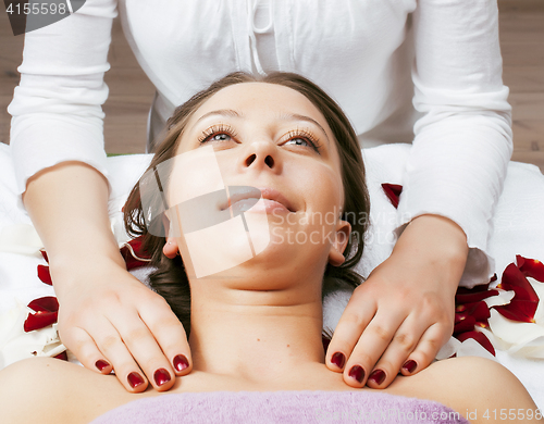 Image of stock photo attractive lady getting spa treatment in salon, healthcare people concept 