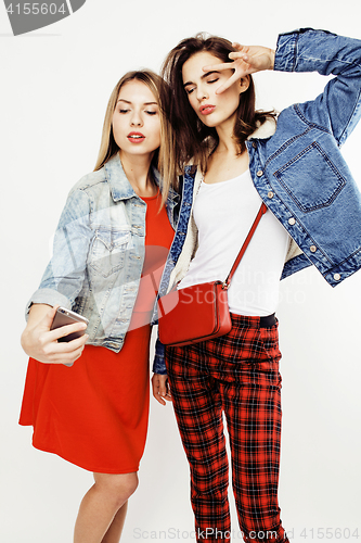 Image of best friends teenage girls together having fun, posing emotional on white background, besties happy smiling, lifestyle people concept