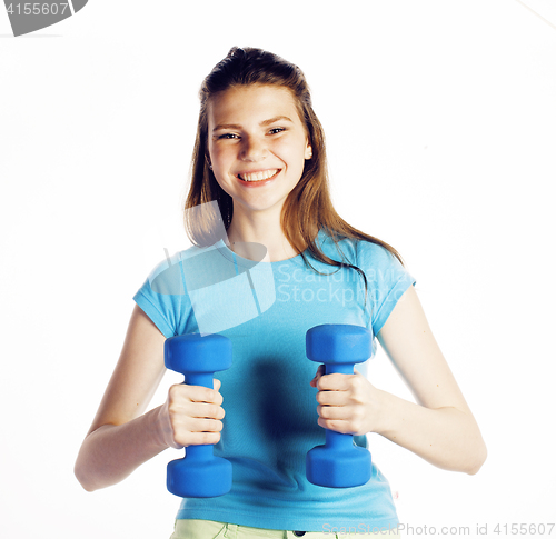 Image of young pretty slim woman with dumbbell isolated cheerful smiling, real sport girl next door, lifestyle people concept