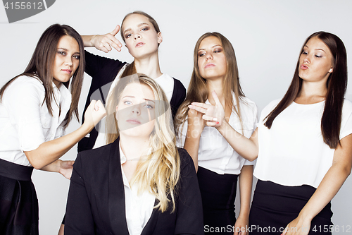 Image of lot of businesswomen happy smiling celebrating success of team victory on work, dress code black and white official, lifestyle people concept