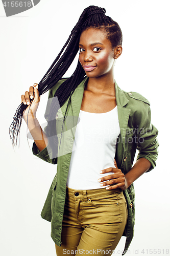 Image of young pretty african-american girl posing cheerful emotional on white background isolated, lifestyle people concept