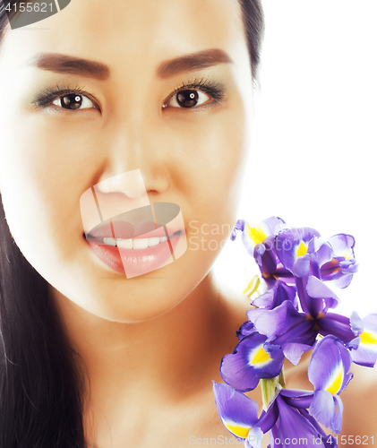 Image of young pretty asian woman with flower orchid close up isolated sp