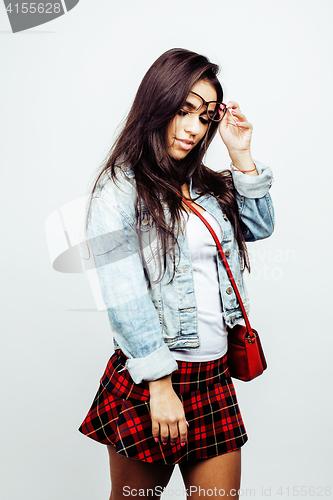 Image of young happy smiling latin american teenage girl emotional posing on white background, lifestyle people concept, school uniform wearing glasses