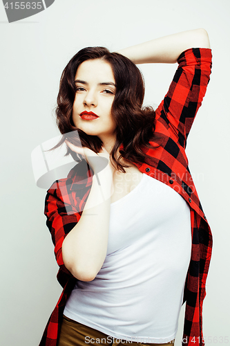 Image of young pretty stylish hipster girl posing emotional isolated on white background happy smiling cool smile, lifestyle people concept