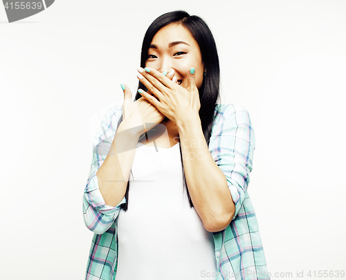 Image of young pretty asian woman posing cheerful emotional isolated on white background, lifestyle people concept