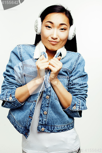 Image of young pretty asian woman posing cheerful emotional isolated on white background, lifestyle people concept