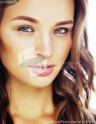 Image of young sweet brunette woman close up isolated on white background