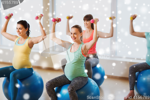 Image of pregnant women with dumbbells and exercise balls 