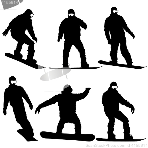 Image of Set black silhouettes snowboarders on white background.