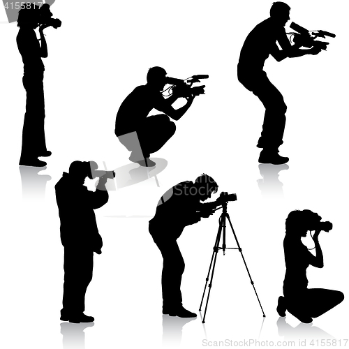 Image of Set cameraman with video camera. Silhouettes on white background. illustration